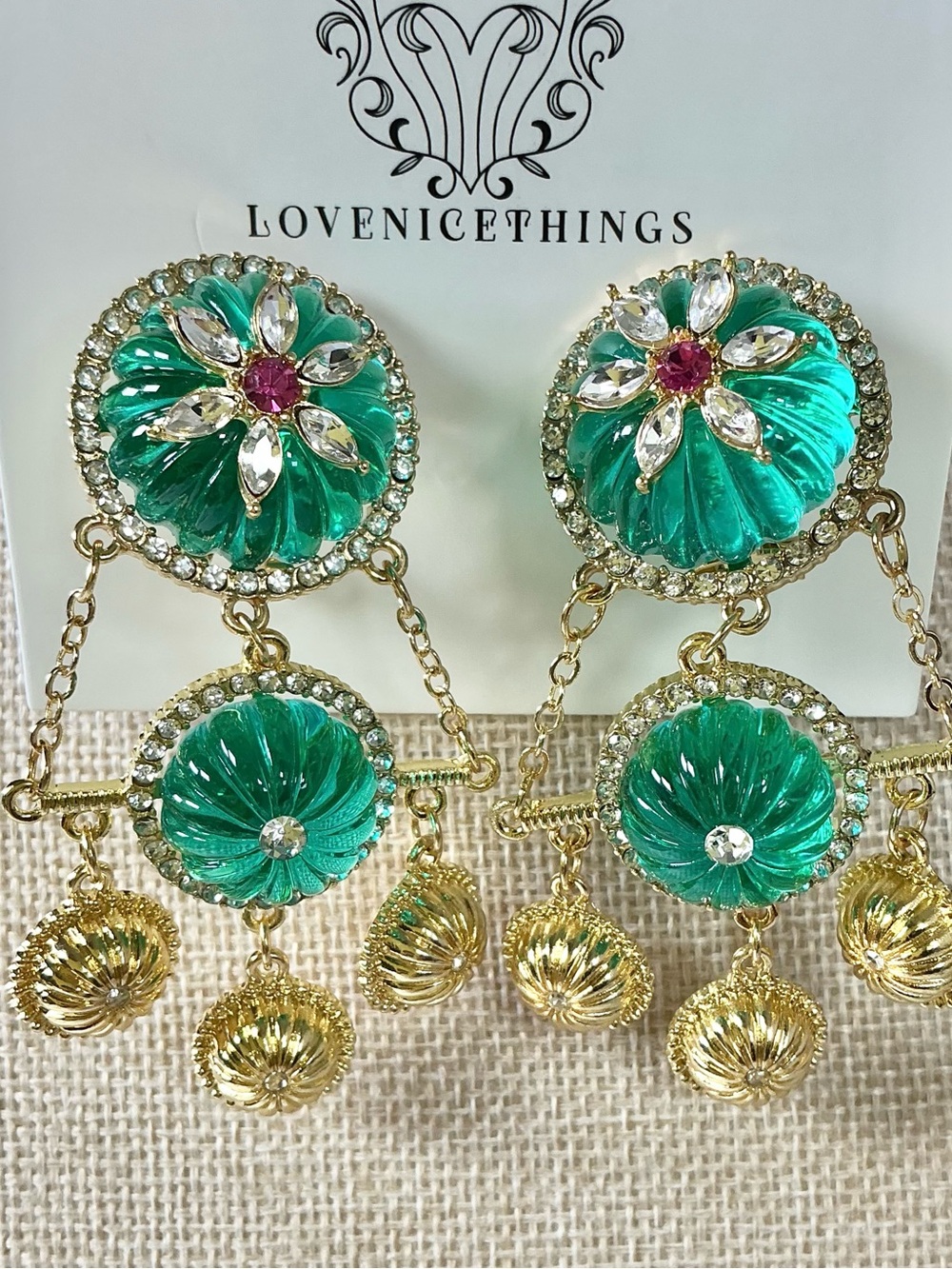 Vintage Inspired Bold Resin Turquoise/Green Gold-Plated Chandelier Earrings